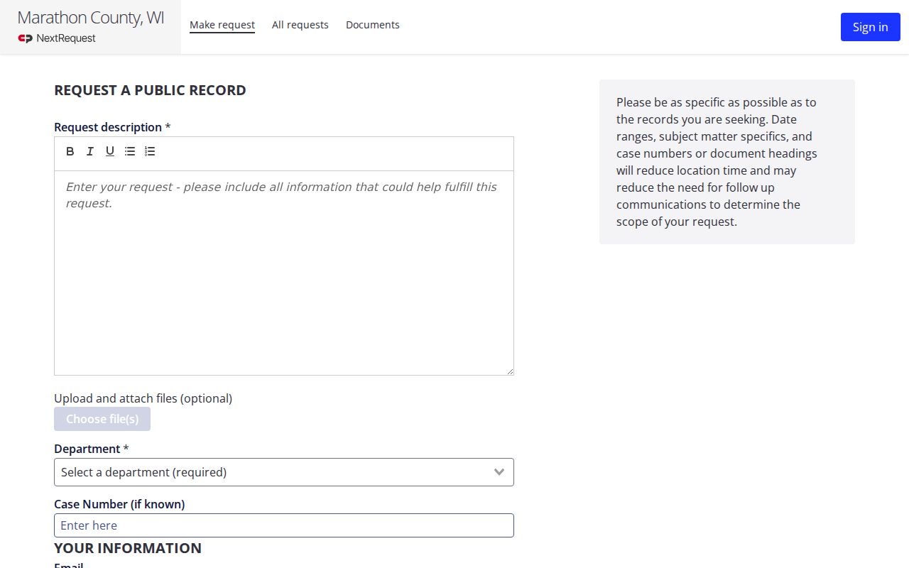 Marathon County arrest record request through NextRequest