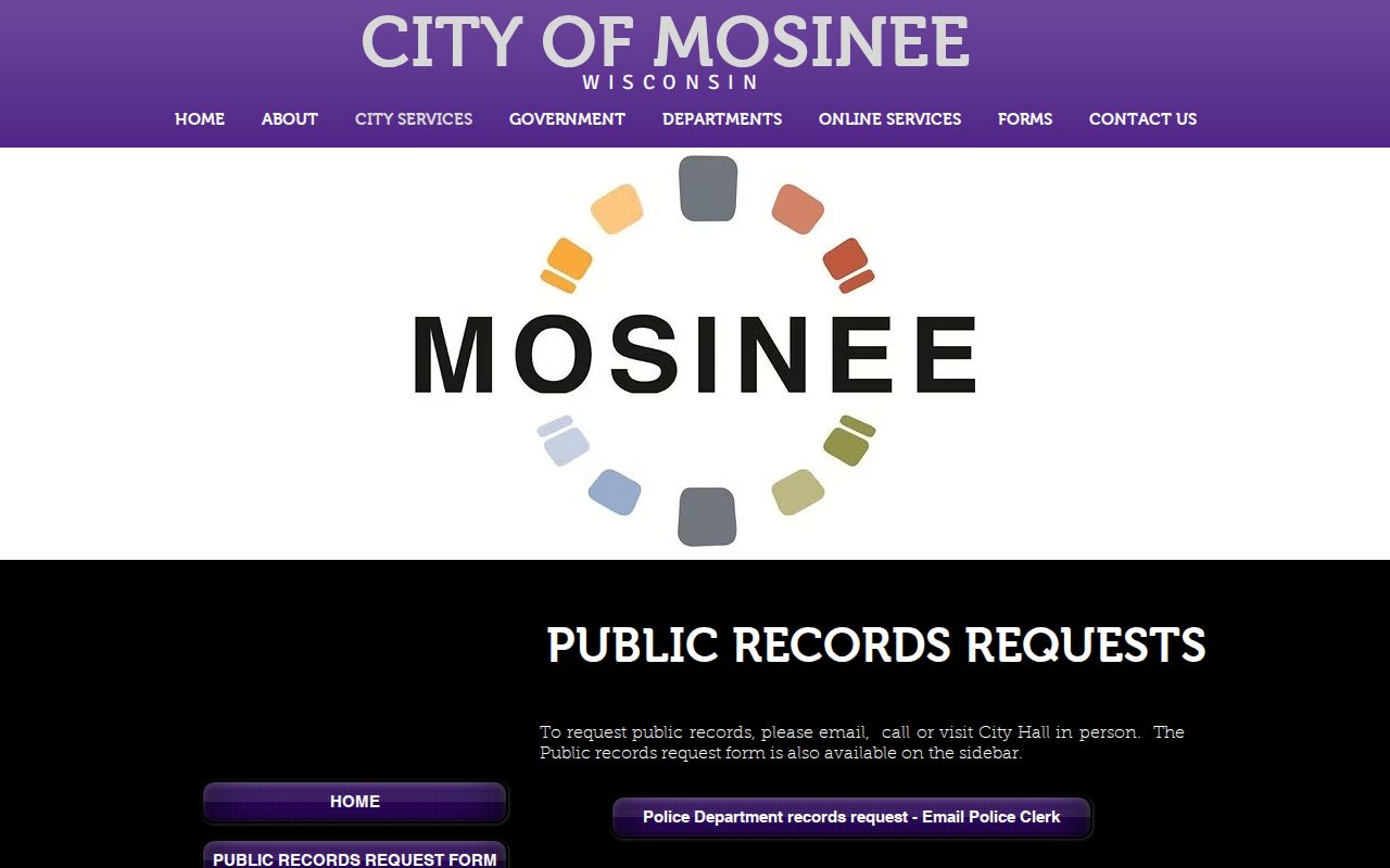 Mosinee public records request page for police records