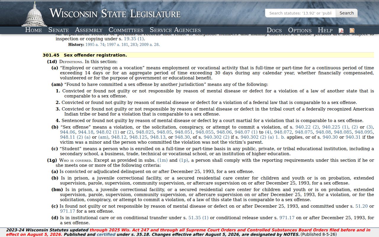 Wisconsin Section 301.45 duties for Marathon County sex offender records